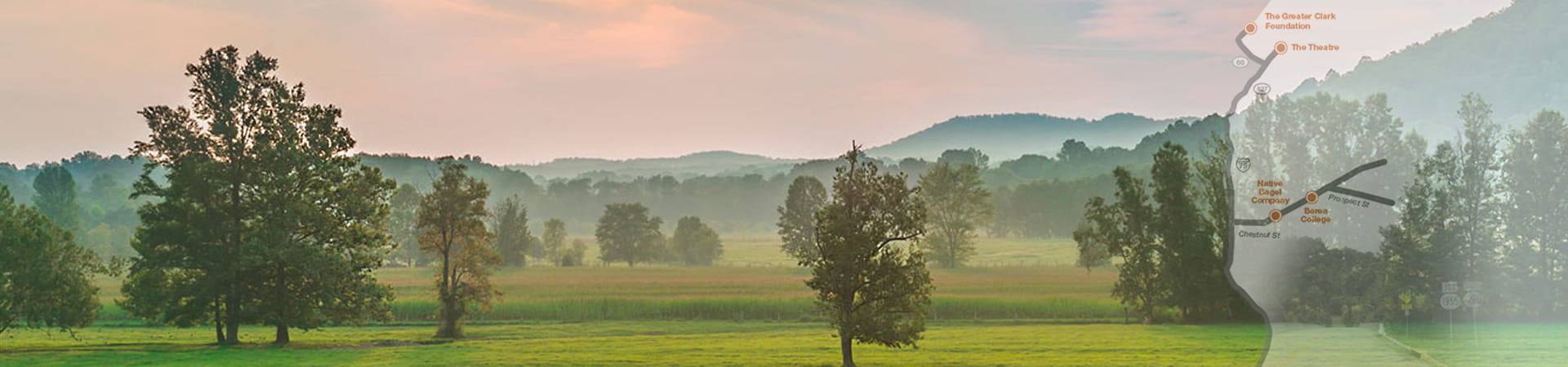 A field with mountains in the back that fades into an image of a map.