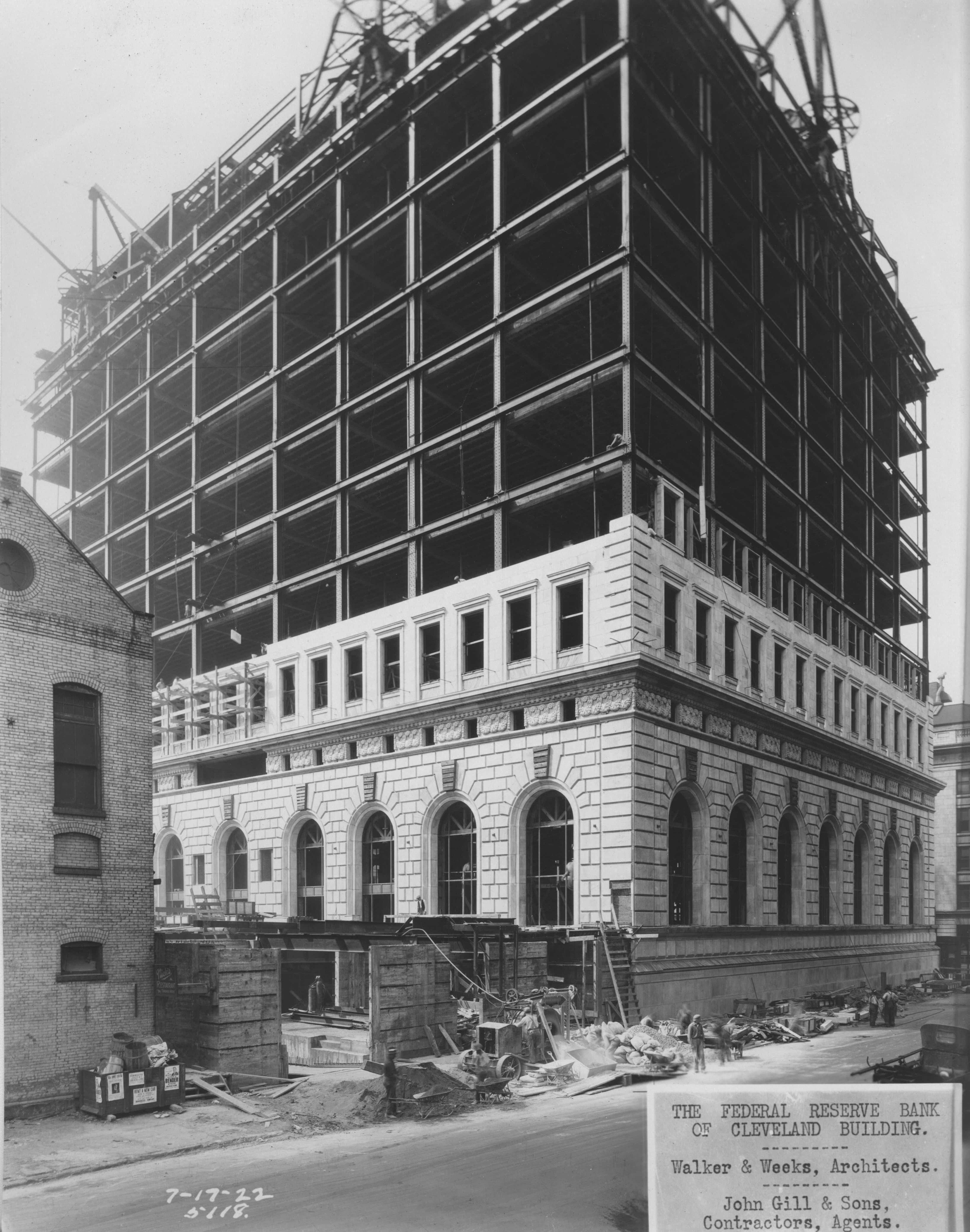 The Federal Reserve Bank of Cleveland building mid-construction.