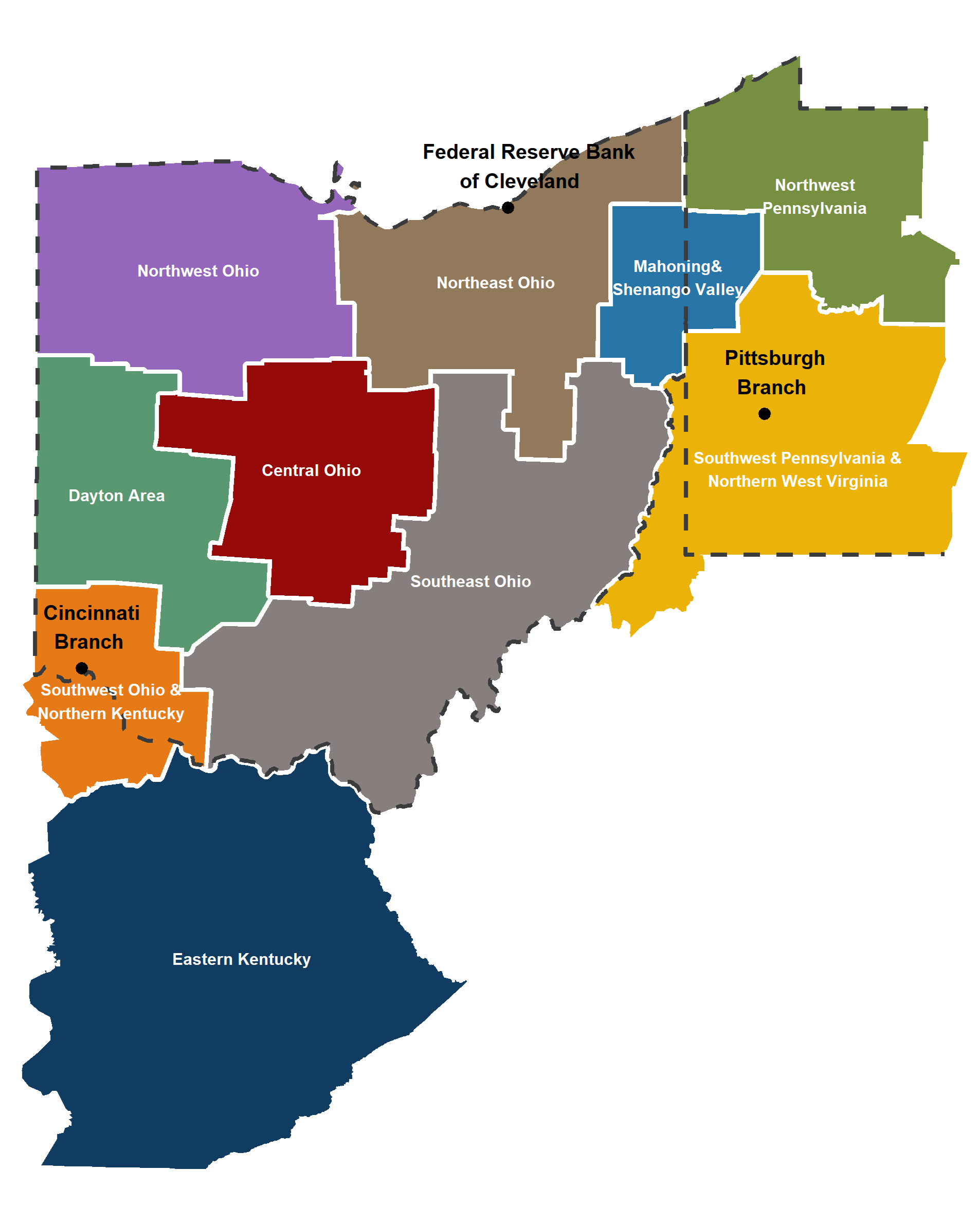 Map showing the 4th District, which includes Northwest Ohio, Northeast Ohio, Dayton Area, Central Ohio, Southeast Ohio, Southwest Ohio & Northern Kentucky, Eastern Kentucky, Mahoning & Shenango Valley, Northwest Pennsylvania, and Southwest Pennsylvania & Northern West Virginia. The Federal Reserve Bank of Cleveland is located in Northeast Ohio, the Cincinnati Branch is located in Southwest Ohio, and the Pittsburgh Branch is located in Southwest Pennsylvania.