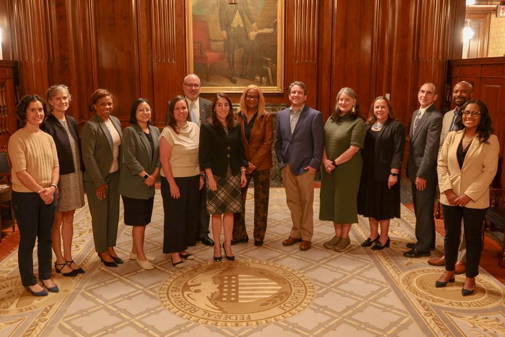 Community Advisory Council members and Cleveland Fed staff attend the Fall 2024 CAC meeting. From left to right: Emily Garr Pacetti, Lisa Nelson, Tracey N. Mason, Joyce Pan Huang, Jamie Remp, Chris Groner, Beth Hammack, Robie Suggs, David Rothstein, Kim Frazier, Amy Riegel, Mark S. Meder, Robert Cherry, Sabrina Saunders Mosby.