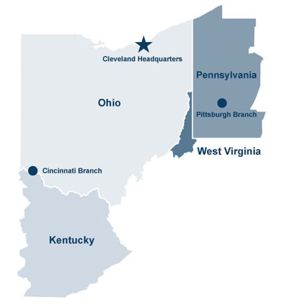 A map of the Federal Reserve System's Fourth District. The Cleveland Fed serves the Fourth District, which spans all of Ohio, western Pennsylvania, eastern Kentucky, and the northern panhandle of West Virginia.