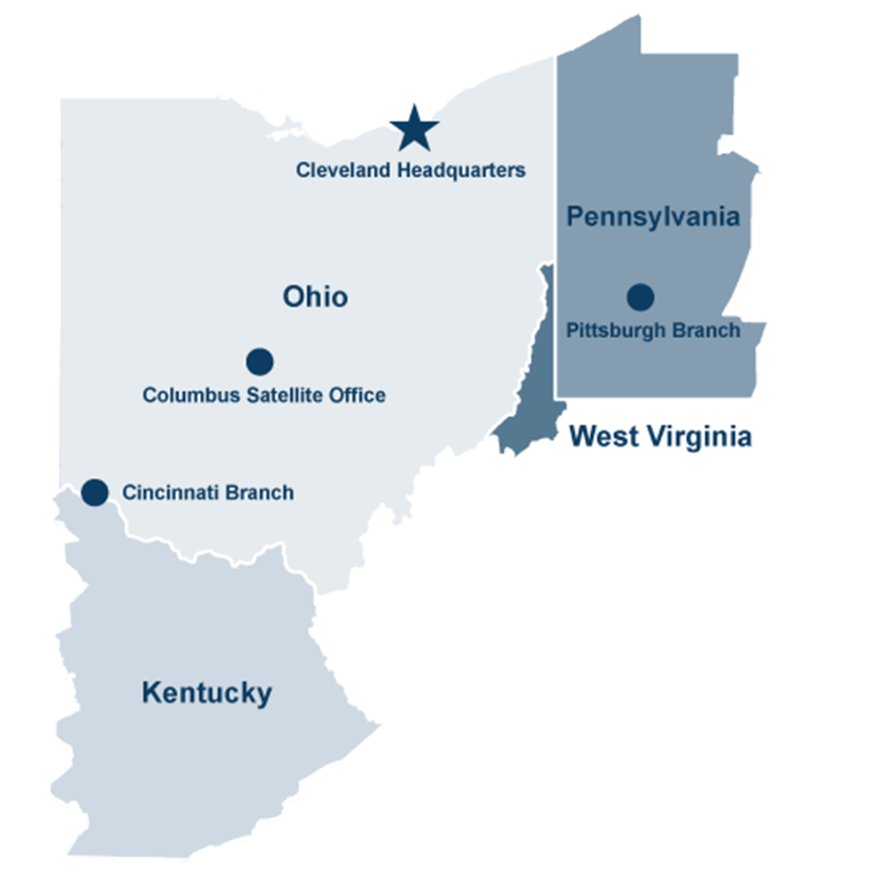 A map of the Federal Reserve System's Fourth District. The Cleveland Fed serves the Fourth District, which spans all of Ohio, western Pennsylvania, eastern Kentucky, and the northern panhandle of West Virginia.