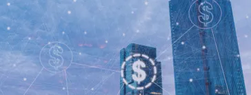 Money transfer concept with money icons over buildings