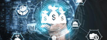 A hand held up to a matrix showing different icons, such as coins and bags with dollar signs.