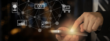 Someone holding a phone with a graphic overlay of different icons.