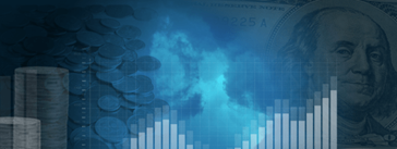 A collage of US coins and bills with a bar chart overlay.