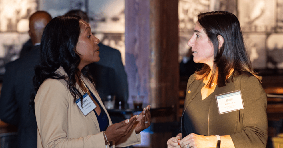 President Beth Hammack speaks with Sabrina Saunders Mosby, a Community Advisory Council Member and the President and CEO of Vibrant Pittsburgh. (September 5, 2024)