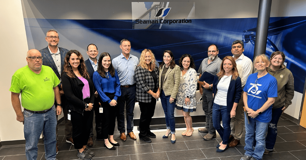Seaman Corporation employees who shared their insights with President Beth Hammack. From left to right, Brad Landon, Brian Geib, Jessica Little, Terry Link, Courtney Tschantz, Jeff Swartz, Susan Meade, Cleveland Fed president Beth Hammack, Mariana Weyer, Don Girt, Kate Bittner, Baba Raut, Diana Napier, and Savannah Hunt. (October 4, 2024)