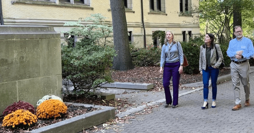 From left to right, Lisa Perfetti, College of Wooster provost; Cleveland Fed president Beth Hammack; and David Jones, the college's VP of finance, tour the campus. (October 4, 2024)