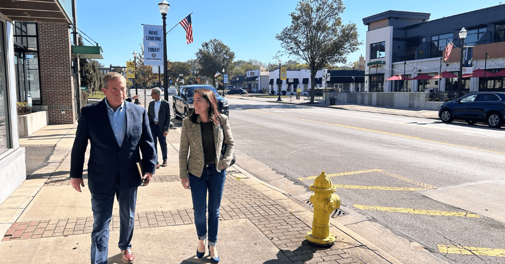 Cleveland Fed Business Advisory Council member Steve Matthew gives President Hammack a tour of downtown Wooster. (October 4, 2024)