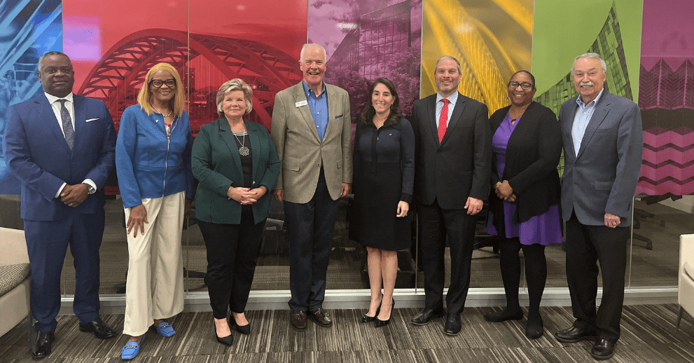 From left to right: Darin Hall, Civitas CEO; Robie Suggs, CEO of Warsaw Federal and member of Cleveland Fed Community Advisory Council; Candace McGraw, CEO of CVG Airport; Kurt Reiber, CEO of the Freestore Foodbank and member of Cleveland Fed Community Advisory Council; President Hammack; Brendon Cull, CEO of the Cincinnati USA Regional Chamber and member of Cleveland Fed’s Southwest Ohio and Northern Kentucky Business Advisory Council; Gina McFarlane-El, CEO of Five Rivers Health Centers and member of the Cleveland Fed’s Cincinnati Branch board of directors; Alfonso Cornejo, CEO of the Hispanic Chamber Cincinnati.