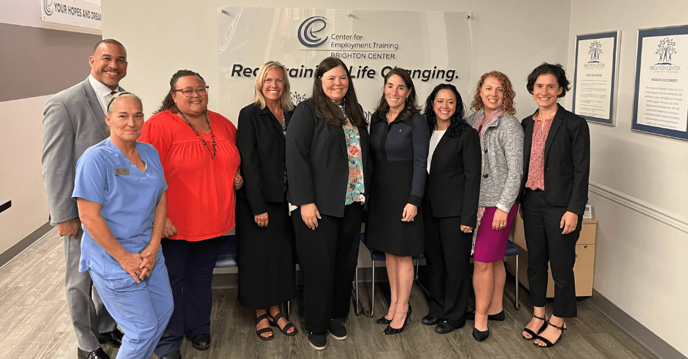 Brighton Center staff and Cleveland Fed visitors. From left to right: Robert Brinkley, Cleveland Fed; Tammy Liles, medical assisting skills instructor; Jonika Greene, Brighton workforce development assistant director; Stephanie Stiene, housing development director of Brighton Properties; Wonda Winkler, Brighton Center president and CEO; President Hammack; Nariman Mansour, Cleveland Fed; Theresa Polachek, Cleveland Fed; Emily Garr Pacetti, Cleveland Fed.