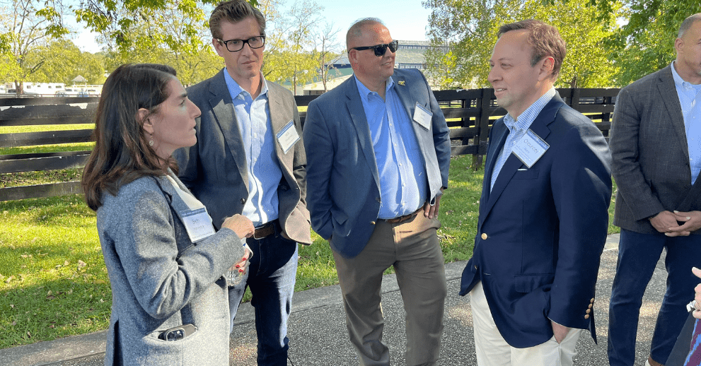 President Hammack talks equine issues with some of the industry’s leaders. From left to right: Cleveland Fed president Beth Hammack; Will Daugherty, manager of BlackRidge Stables LLC; Lee Carter, Kentucky Horse Park executive director; Chauncey Morris, executive director of the Kentucky Thoroughbred Association and member of the Cleveland Fed’s Eastern Kentucky Business Advisory Council.