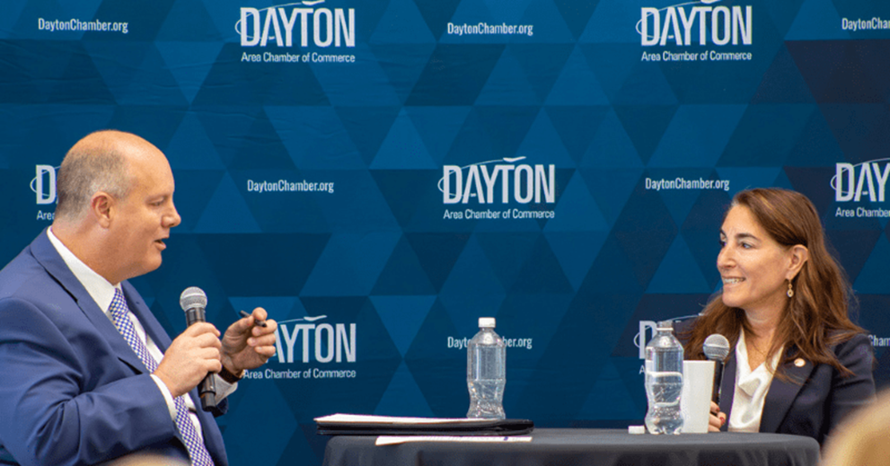 Beth Hammack (right) participates in a Q and A session with the Dayton Area Chamber of Commerce, moderated by its president and CEO, Chris Kershner (left).