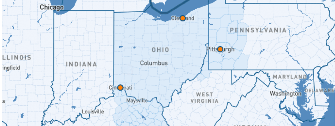 A map the Fourth Federal Reserve District, which includes all of Ohio and parts of Pennsylvania, West Virginia, and Kentucky. There are markers representing Cleveland Fed offices in Cleveland, Cincinnati, and Pittsburgh.