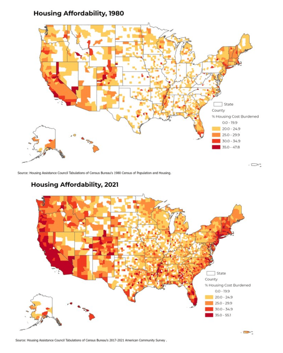 Two maps of the US: Housing Affordability in 1980 and Housing Affordability in 2021