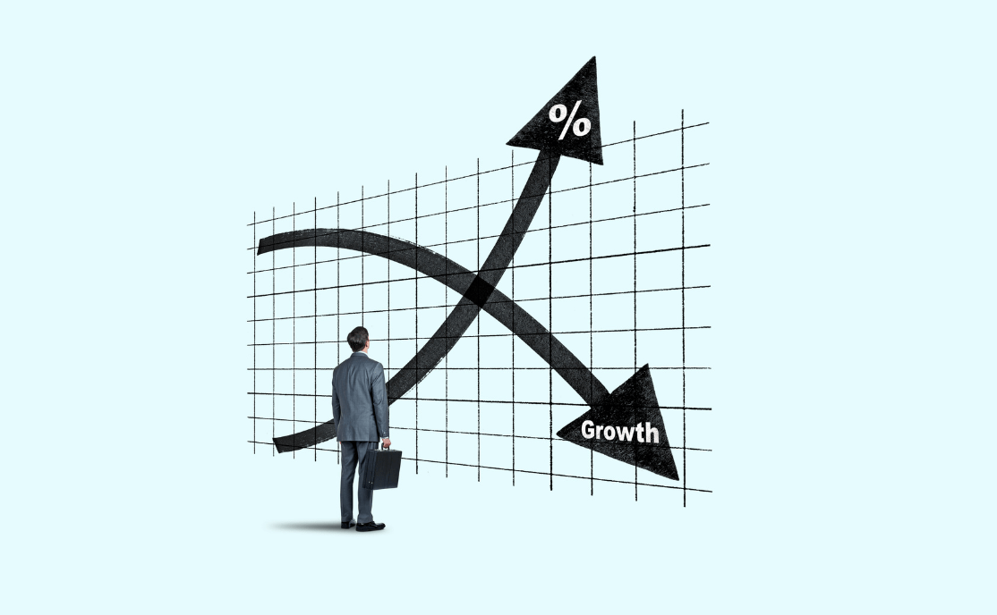 A drawing of a man looking at a graph with two lines with arrows. The first line has the arrow arcing up with a "%" label. The second line has the arrow arcing down with a "Growth" label.