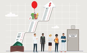 A graphic of people standing out front of a door labeled "Unemployment Benefits." Next to them, a wallet is open with a receipt coming out. A shopping basket filled with vegetables is floating with a balloon tied to the handle.