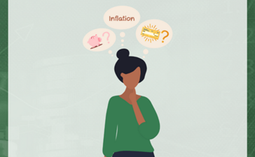 An illustration of a woman with thought bubbles that have a piggy bank, a check, and the word "inflation" in them.