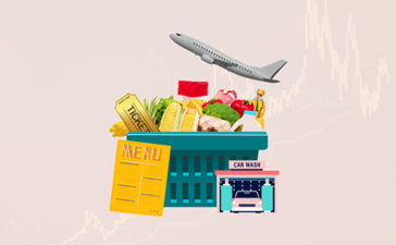 An illustration of a grocery basket full of groceries with a menu leaning on it and a plane flying overhead. There is also a small illustration of a car wash in front of the basket.