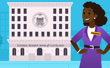 An illustration of a woman standing in front of a building labeled "Federal Reserve Bank of Cleveland."