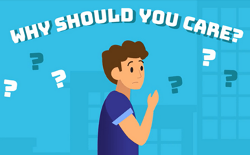 An illustration of a man with question marks around his head and the text "Why should you care?"