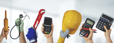 Hands holding a rolling pin, a stethoscope, a wrench, a phone, a hard hat, a voltage tester, and a calculator.