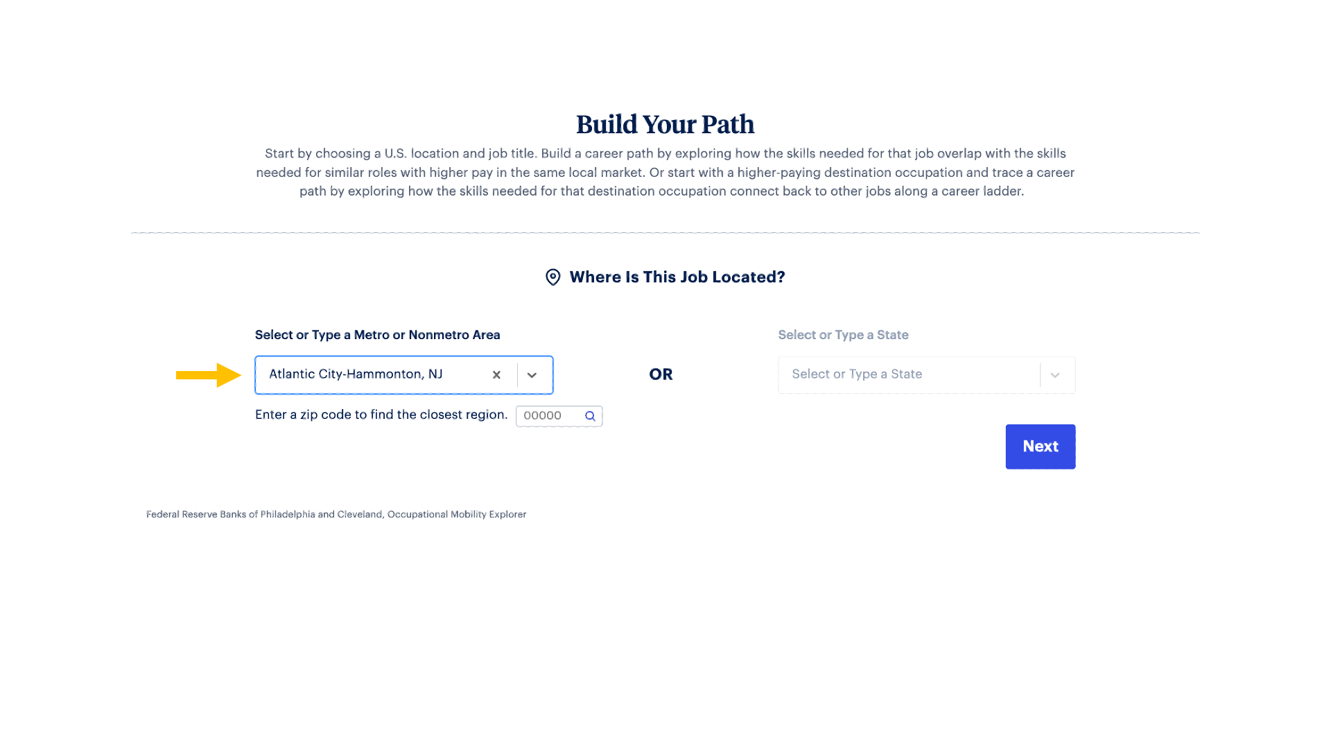 Series of images demonstrating how to use the Occupational Mobility Explorer tool.