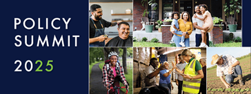 The words "Policy Summit 2025" next to a collage of a barber, a family, a cyclist, a farmer, and people high-fiving.