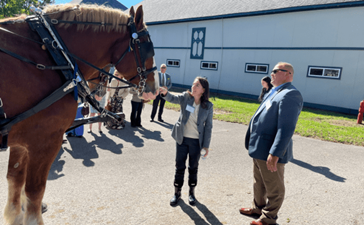President Hammack gets to know Jace, a draft horse at the Kentucky Horse Park, with Lee Carter, horse park executive director.