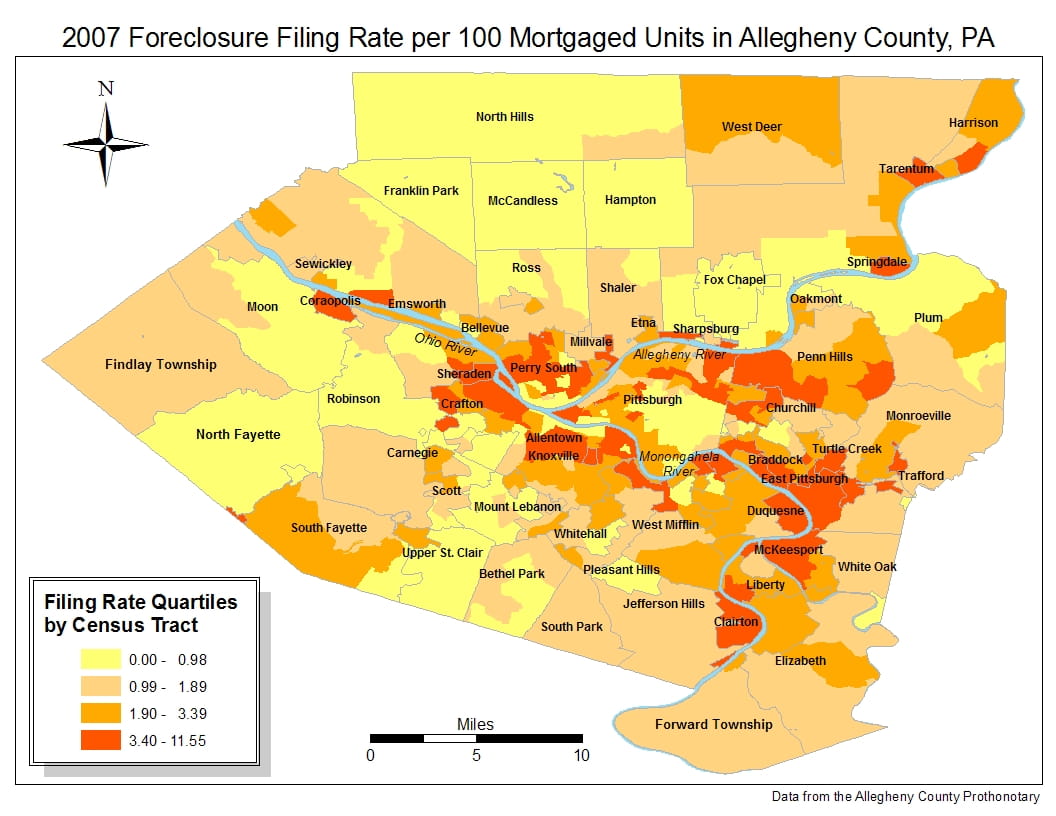 Map 1. 2007 Foreclosure Filing Rate per 100 Mortgaged Units in Allegheny County, PA