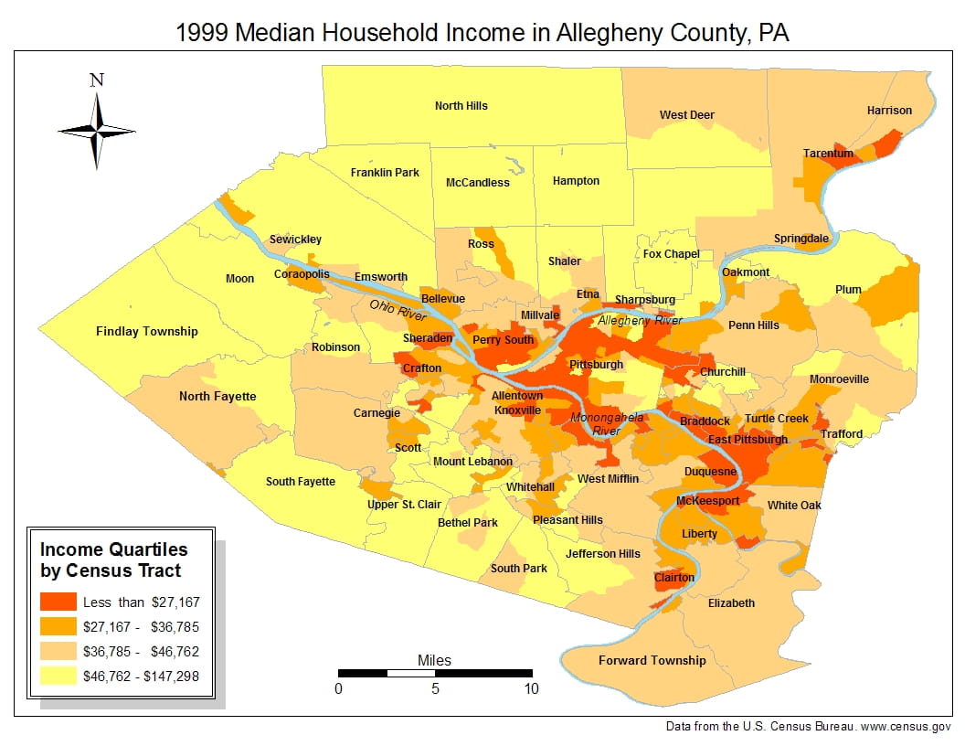 Map 2. 1999 Median Household Income for Allegheny County