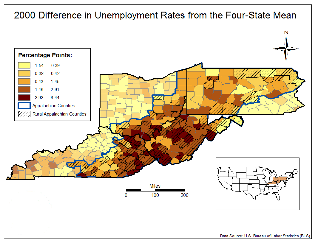 2000 Difference in Unemployment  Rates from the Four-State Mean