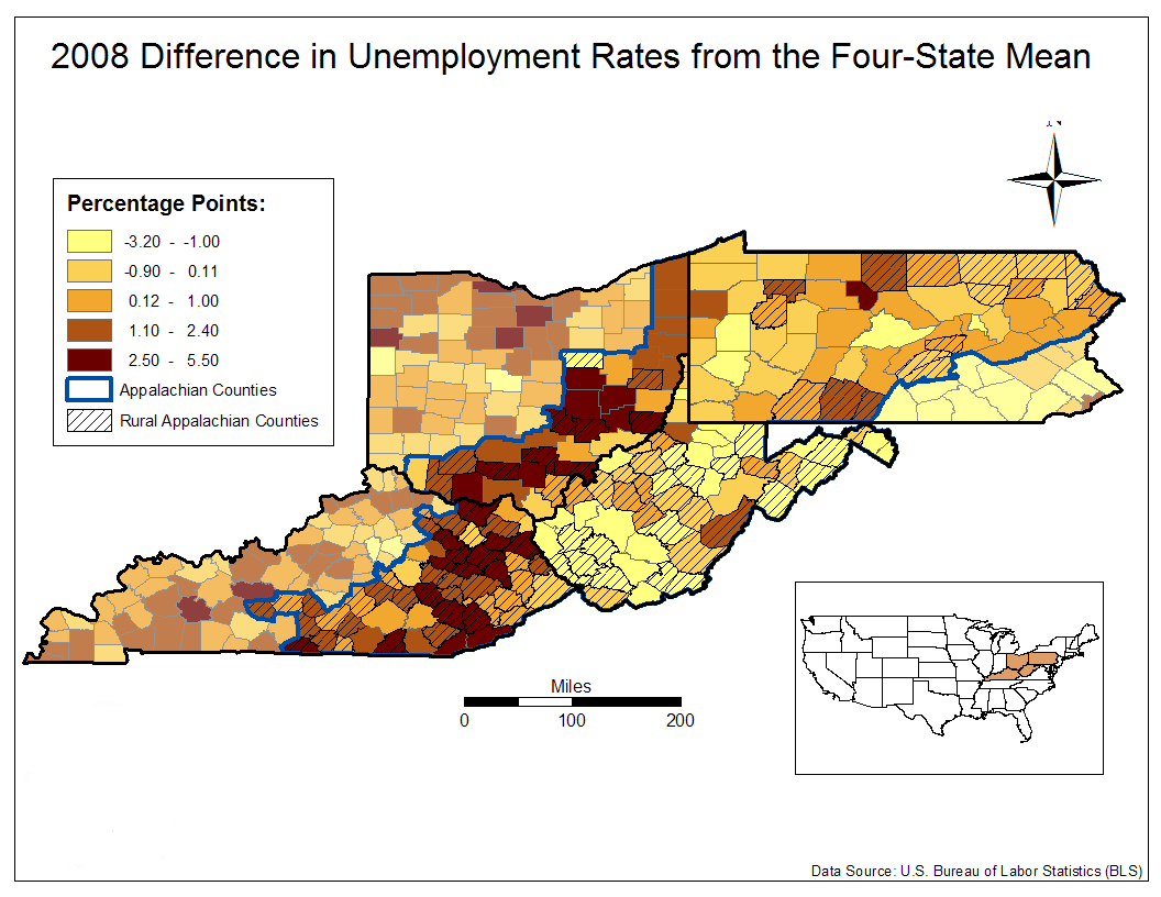 2008 Difference in Unemployment Rates from the Four-State Mean