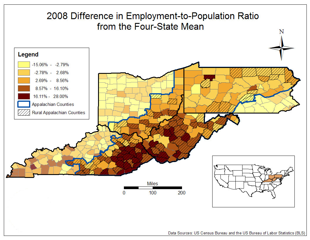 2008 Difference in Employment-to-Population Ratio from the Four-State Mean
