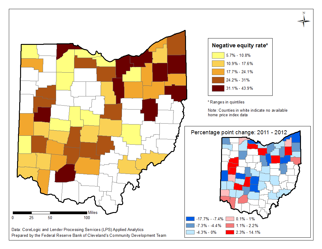 Estimated rates of negative equity in Ohio counties, 2012