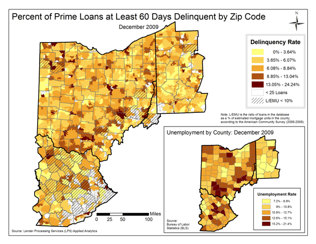 Figure 1: Percentage of Prime Loans at Least 60 Days Delinquent by Zip Code December 2009