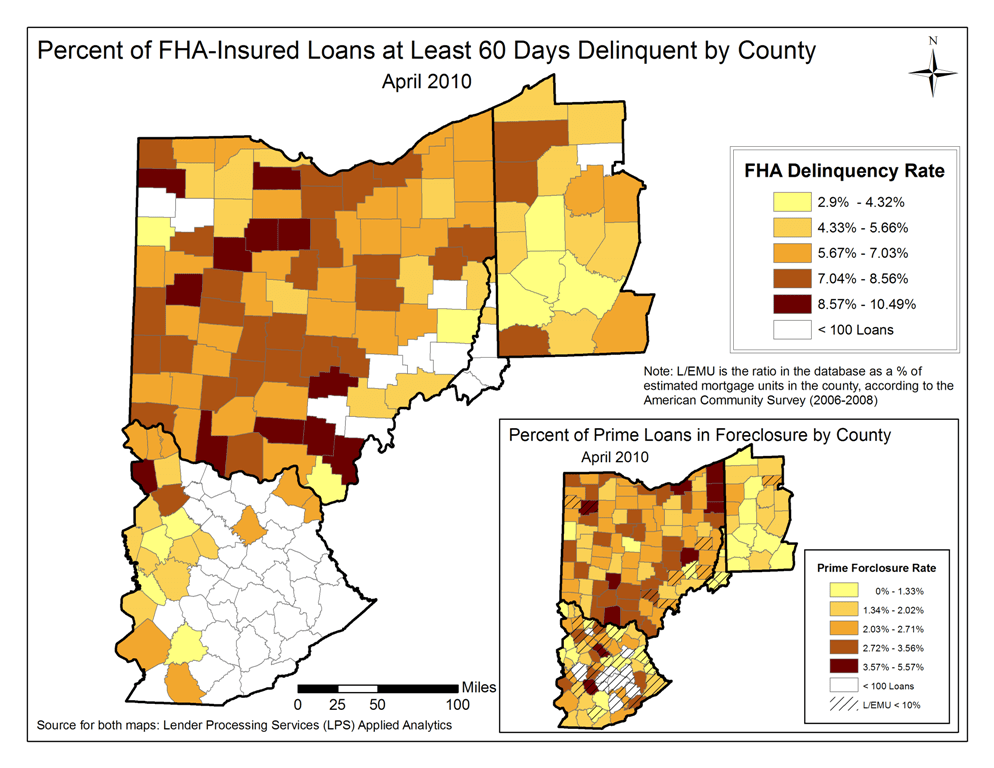 Figure 1: Percentage FHA-Insured Loans at Least 60 Days Delinquent by County April 2010