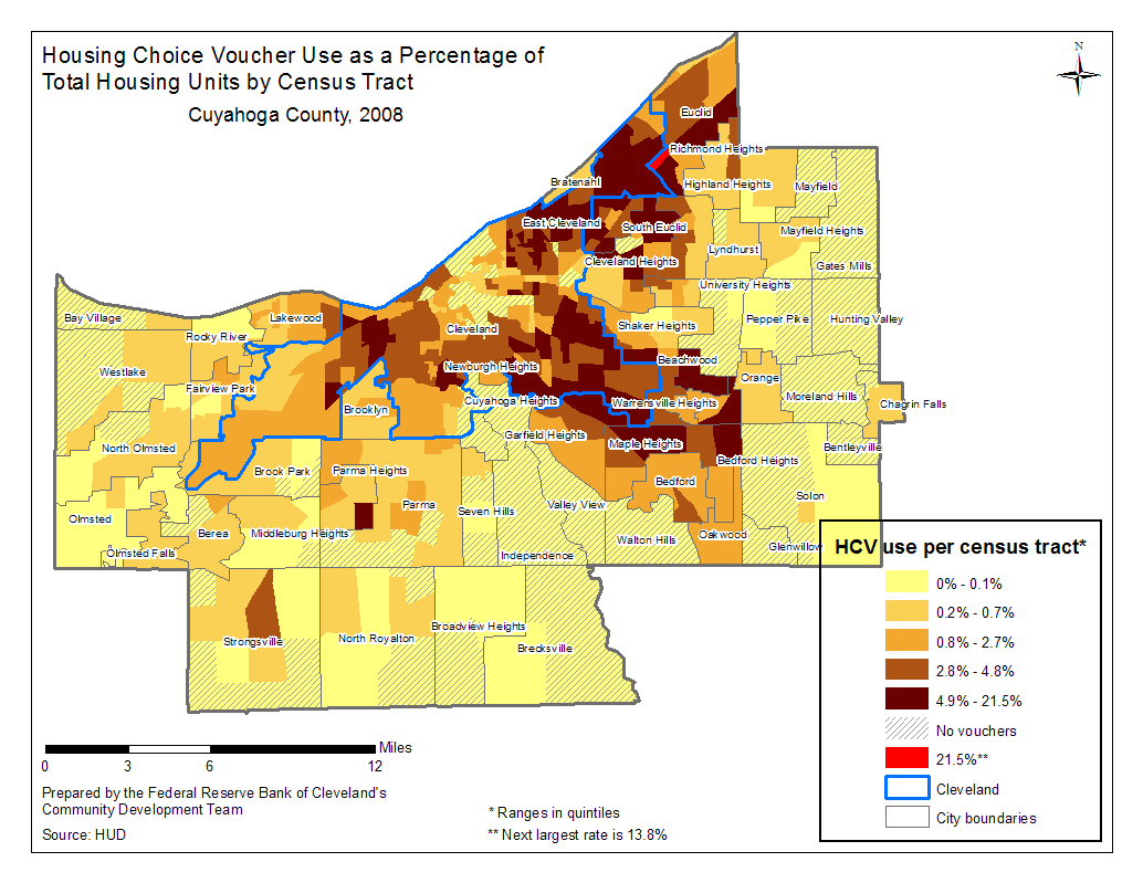 Housing Choice Voucher Use as a Percentage of Total Housing Units by Census Tract: Cuyahoga County, 2008