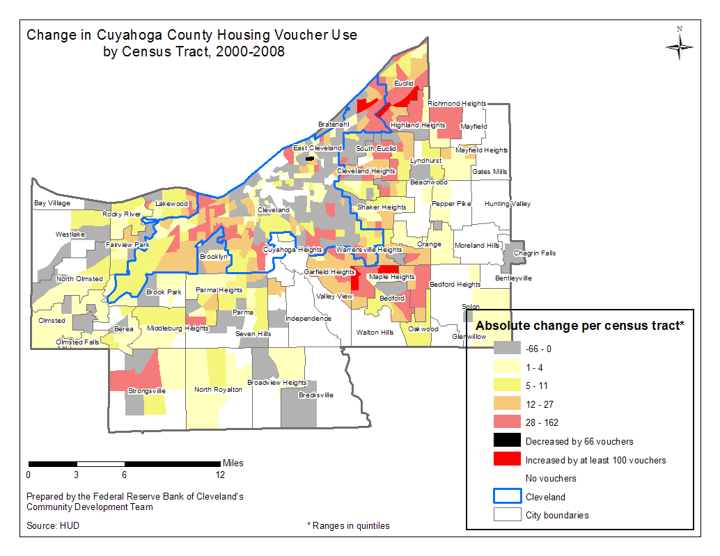 Change in Cuyahoga County Housing Voucher Use by Census Tract, 2000-2008