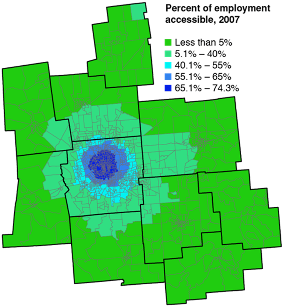 Figure 1B. Share of Columbus Metro Area Employment Accessible within a Typical Commute, 2007