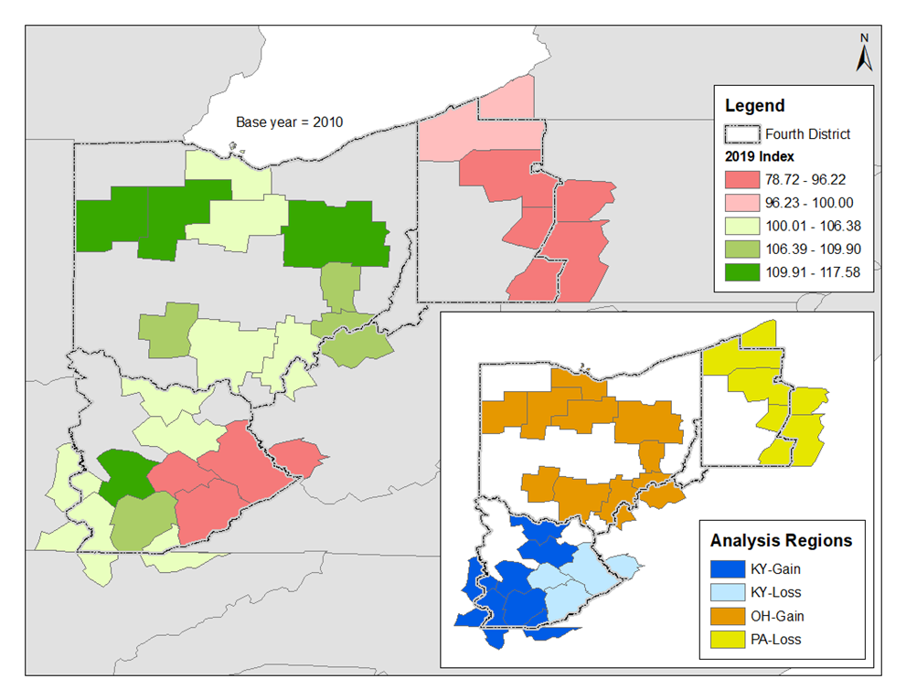 Figure 2: Nonmetropolitan Commuting Zones Total Employment Index (2019) and Analysis Regions (inset)