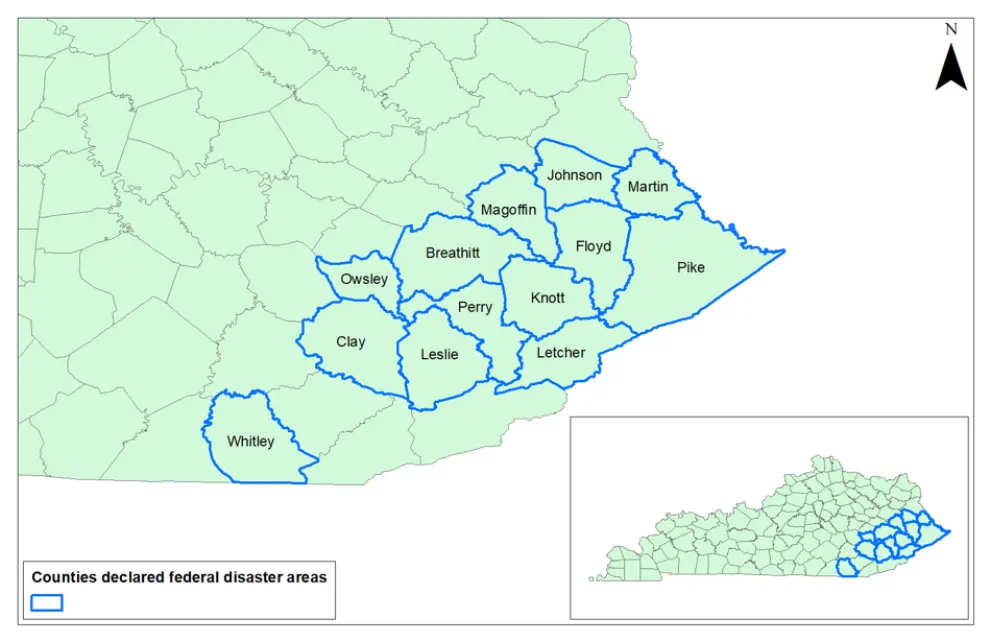Map 1. Counties Declared Federal Disaster Areas following the July 2022 Flood