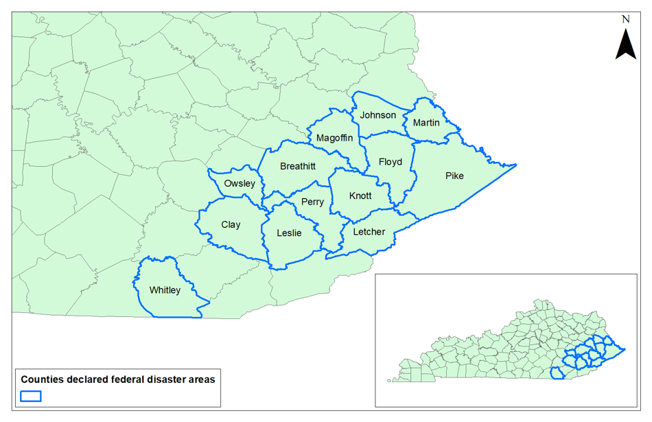Map 1. Counties Declared Federal Disaster Areas following the July 2022 Flood