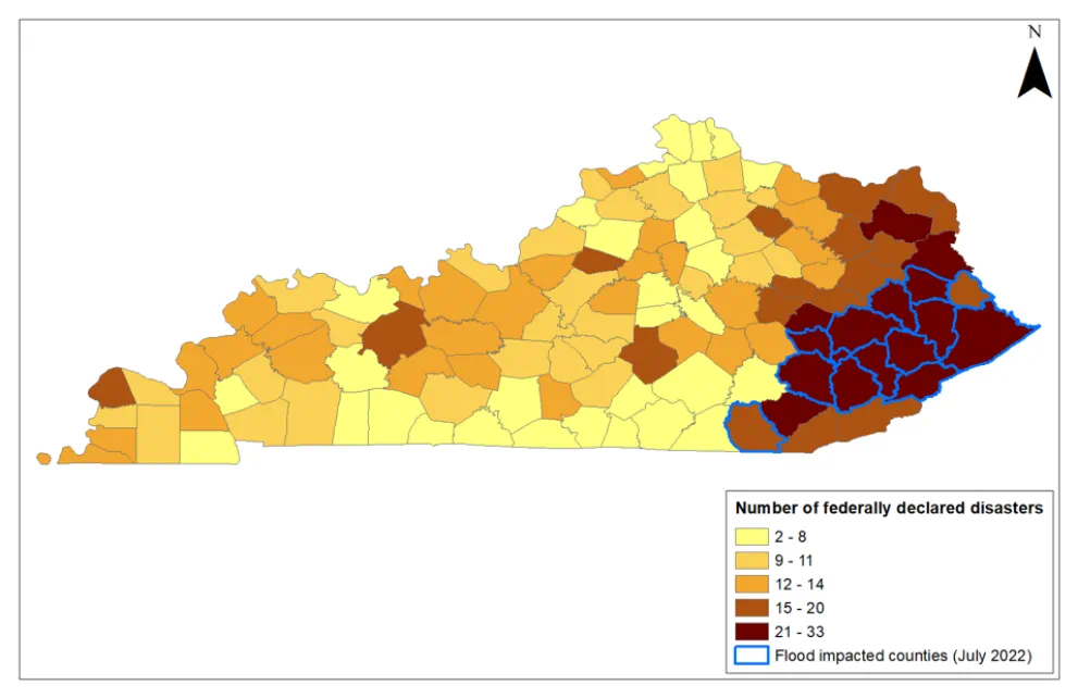 Map 2. Kentucky Flood Events by County (1967–2022)