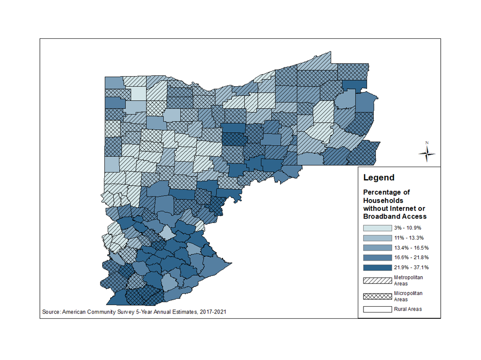Map 1. Percentage of Fourth District Households That Do Not Have Access to the Internet or Broadband, by County and Area Type, 2017–2021
