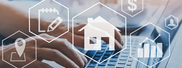 Someone typing on a laptop with icons of a house, bar chart, notepad, dollar sign, and location pin overlaid.