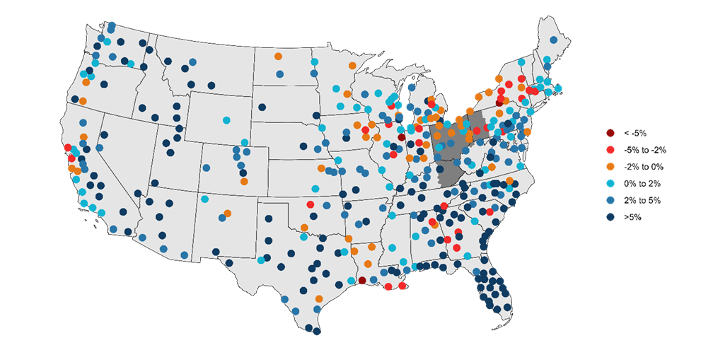 Figure 1. Percent Employment Change in US Metro Areas (February 2020 through March 2024)
