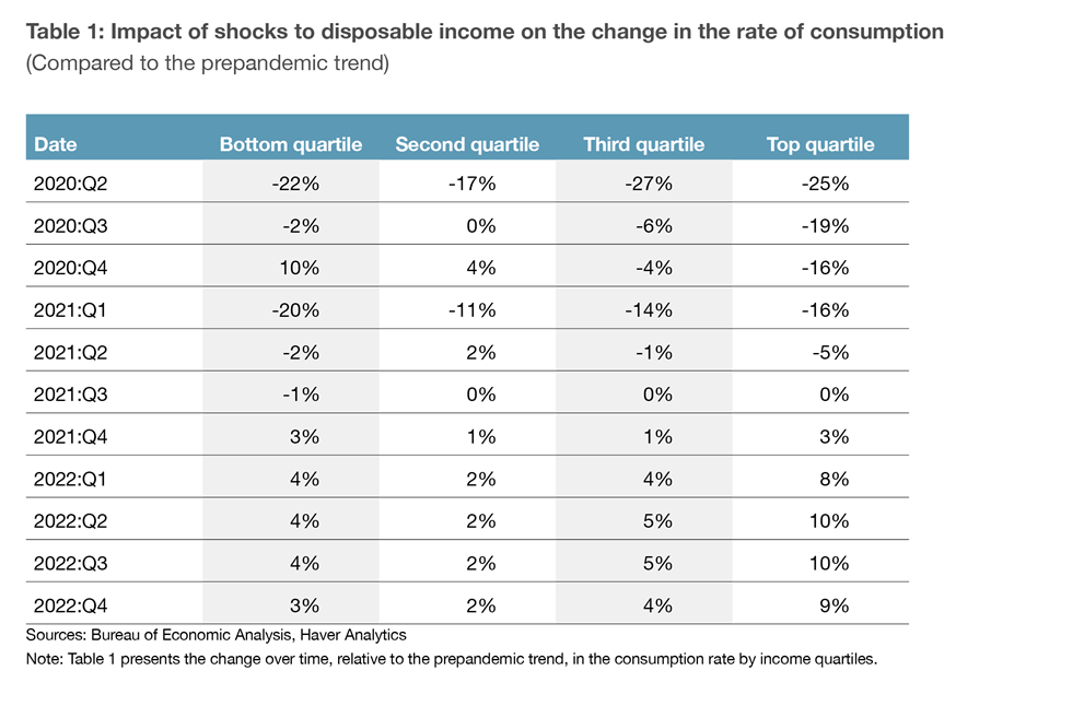 Table 1: Impact of shocks to disposable income on the change in the rate of consumption (compared to the prepandemic trend)