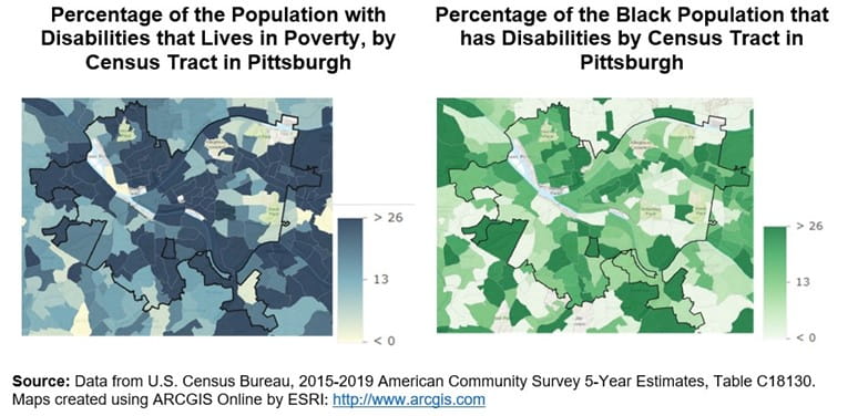Two diagrams: "Percentage of the population with disabilities at lives in poverty" and "Percentage of the black population that has disabilities" (both by Census Tract in Pittsburgh)